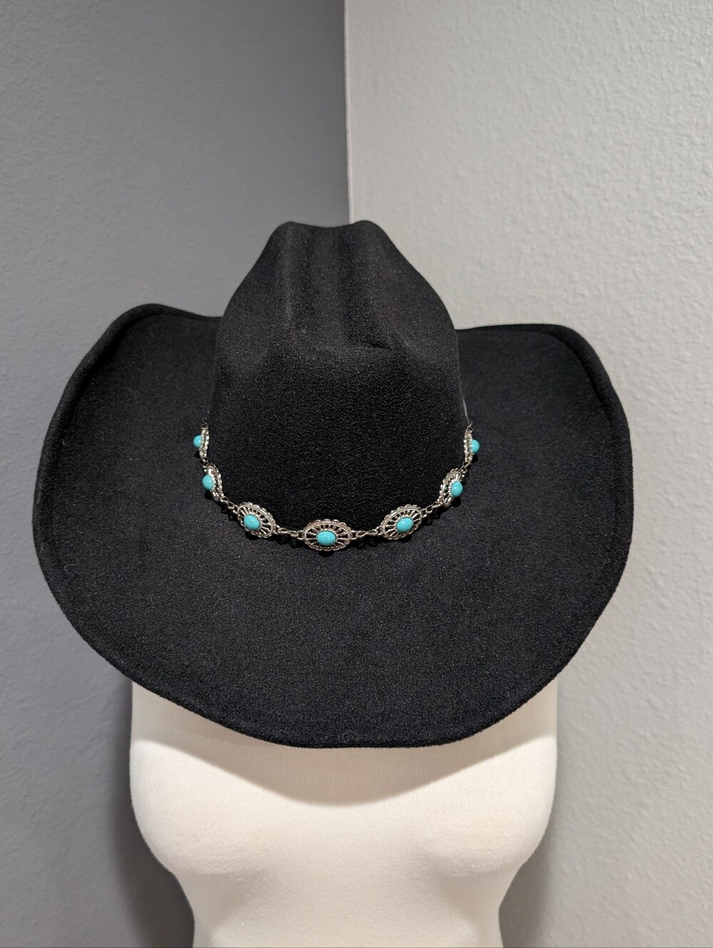 Frye Black Western Cowboy Hat with Turquoise Concho Hat Band